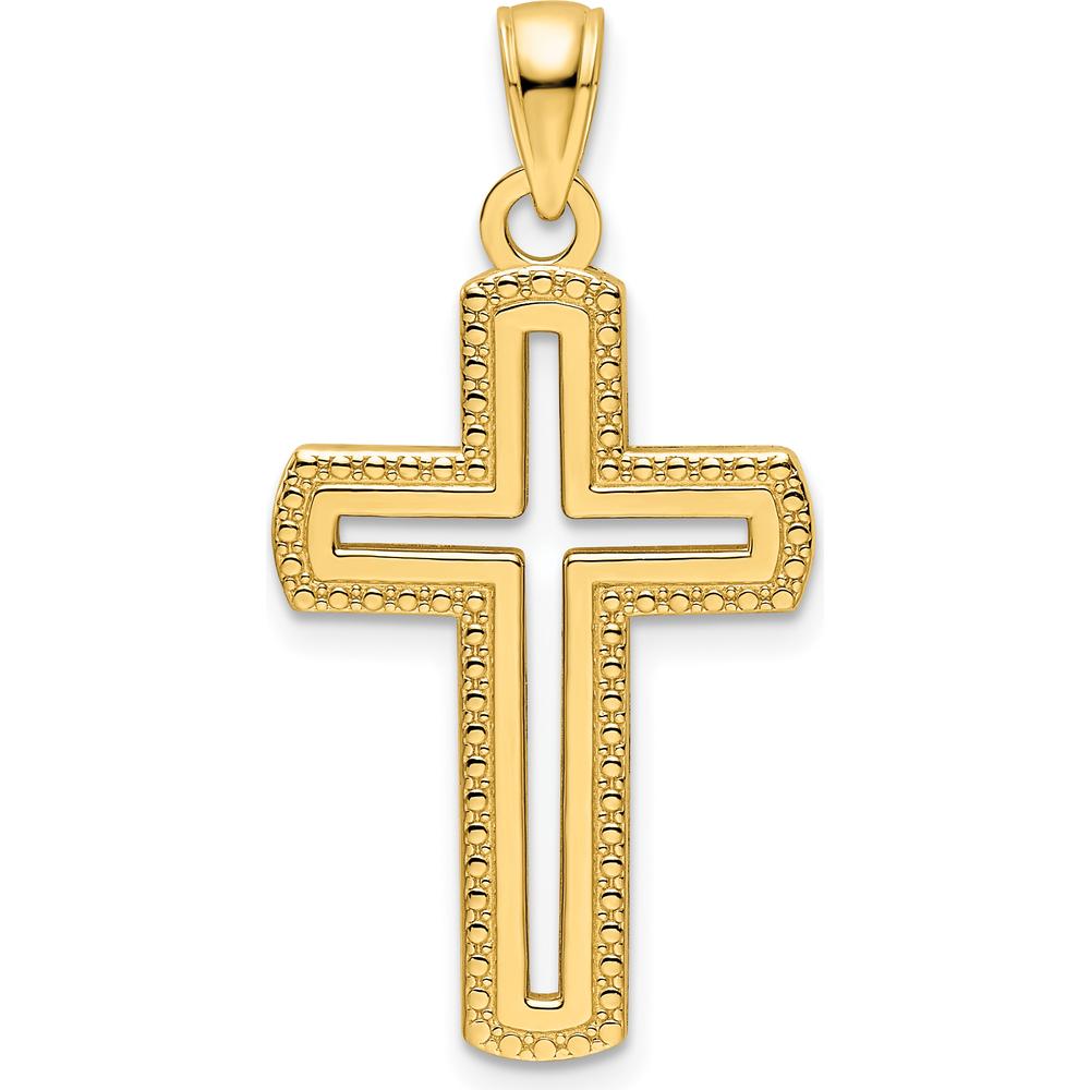 14K Yellow Gold Small Polished Beaded Cut-out Cross Pendant - Faith-Inspired Design with Textured Back by Oro Pregiato