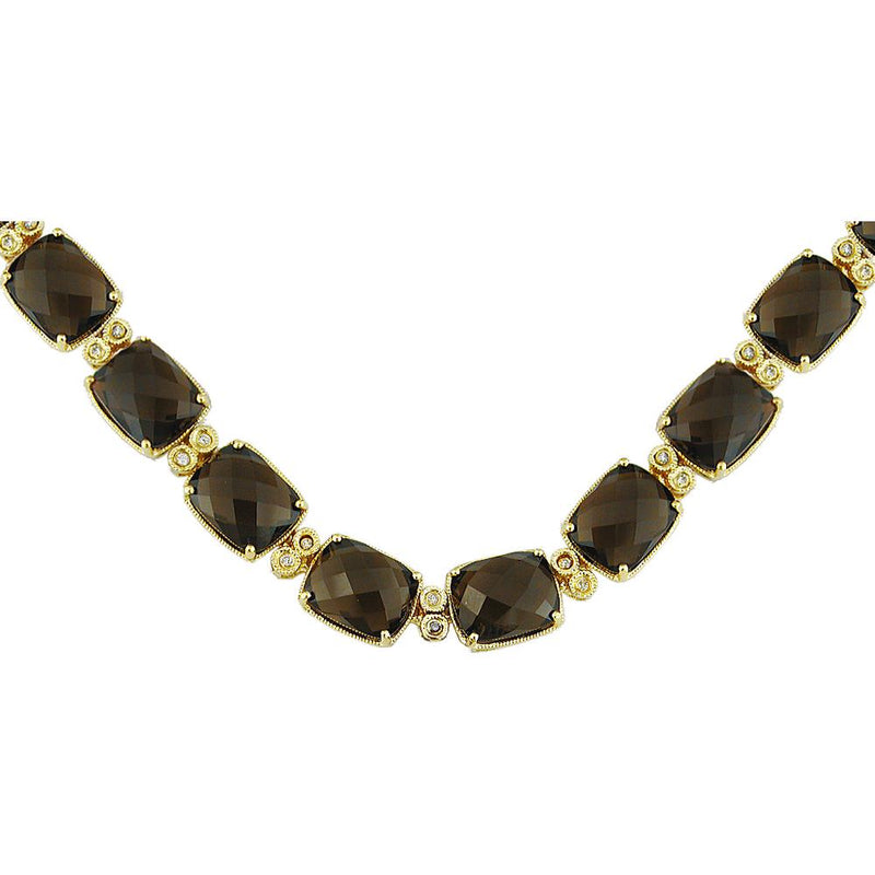 14K Yellow Gold Smoky Quartz & Diamond Necklace with Cushion Cut Smoky Quartz - 94.50 Carats Total Smoky Quartz Weight, 0.36 Carats Total Diamond Weight
