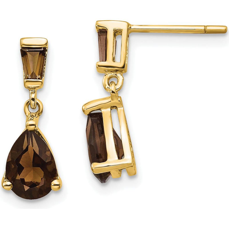 14K Yellow Gold Smoky Quartz Drop Earrings with Pear and Baguette Stones - 1.2 Carat Total Quartz Weight by Monteluci Fine Jewelry