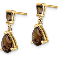 14K Yellow Gold Smoky Quartz Drop Earrings with Pear and Baguette Stones - 1.2 Carat Total Quartz Weight by Monteluci Fine Jewelry