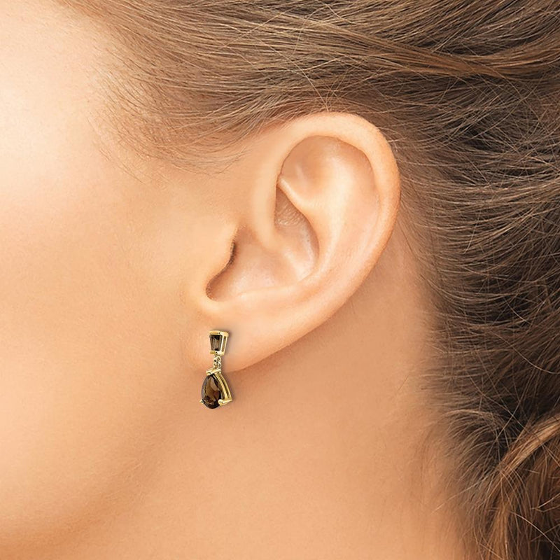 14K Yellow Gold Smoky Quartz Drop Earrings with Pear and Baguette Stones - 1.2 Carat Total Quartz Weight by Monteluci Fine Jewelry