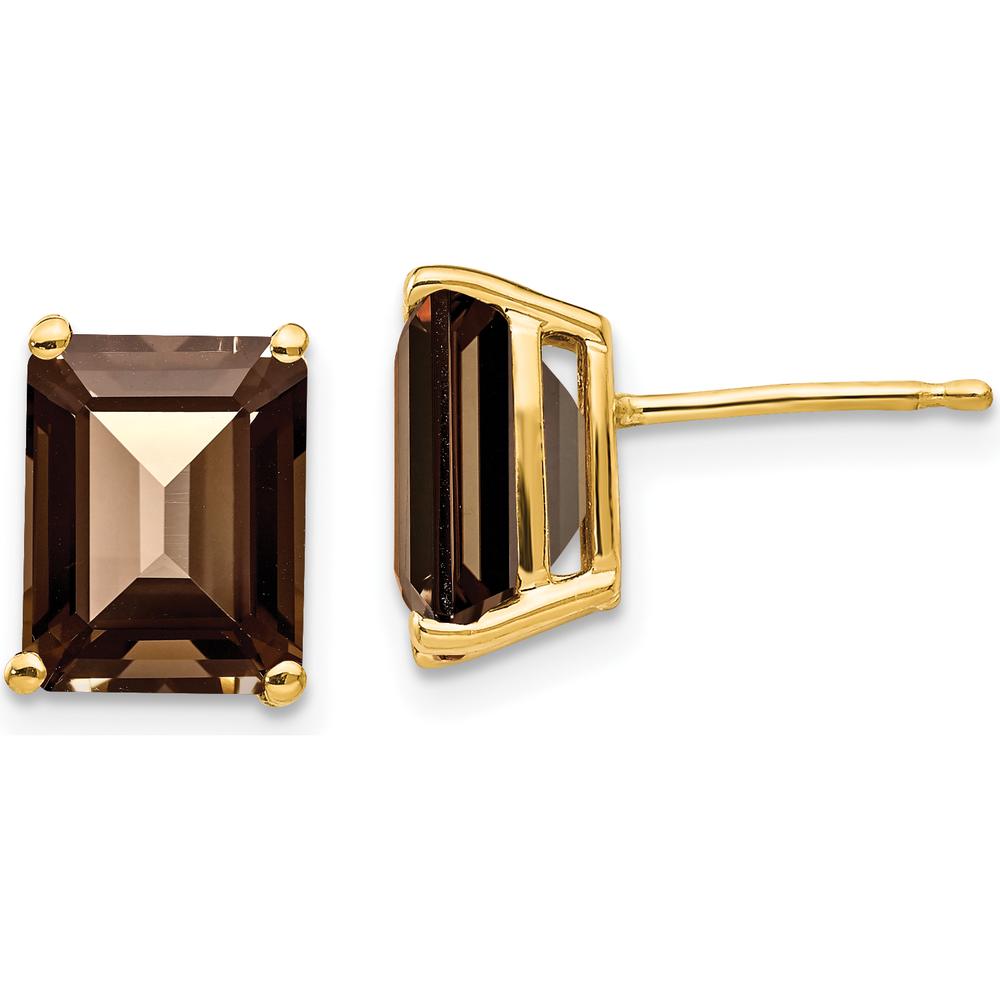 14K Yellow Gold Smoky Quartz Stud Earrings with 2 Carats of Emerald-Cut Brown Quartz by Monteluci Fine Jewelry