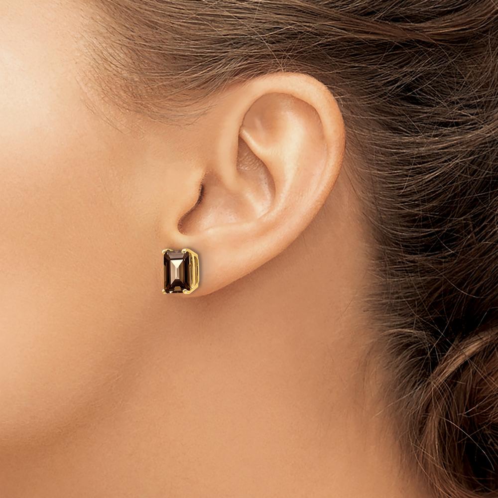 14K Yellow Gold Smoky Quartz Stud Earrings with 2 Carats of Emerald-Cut Brown Quartz by Monteluci Fine Jewelry