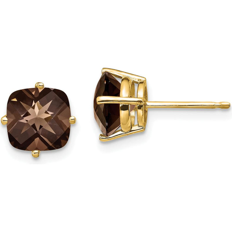14K Yellow Gold Smoky Quartz Stud Earrings with Cushion Cut Stones - 1.45 Carat Total Gemstone Weight by Monteluci Fine Jewelry