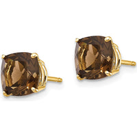 14K Yellow Gold Smoky Quartz Stud Earrings with Cushion Cut Stones - 1.45 Carat Total Gemstone Weight by Monteluci Fine Jewelry