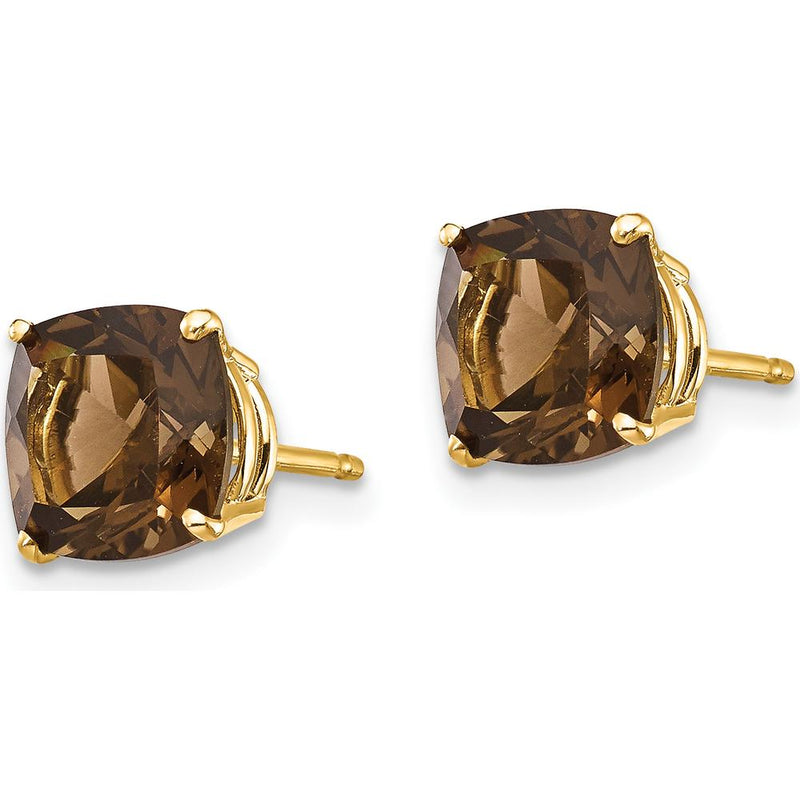 14K Yellow Gold Smoky Quartz Stud Earrings with Cushion Cut Stones - 1.45 Carat Total Gemstone Weight by Monteluci Fine Jewelry