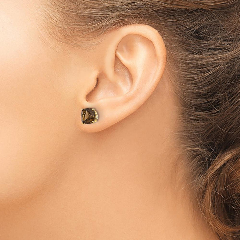 14K Yellow Gold Smoky Quartz Stud Earrings with Cushion Cut Stones - 1.45 Carat Total Gemstone Weight by Monteluci Fine Jewelry