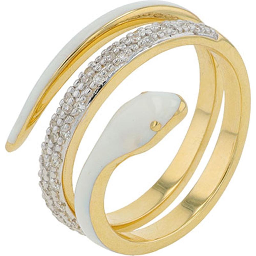 14K Yellow Gold Snake Bypass Ring with 0.15 Carat Diamond & White Enamel Finish
