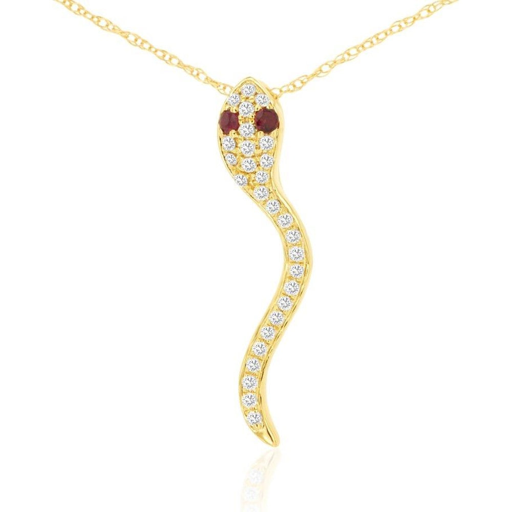 14K Yellow Gold Snake Pendant with Pave-Set Round Diamonds and Round Ruby Eyes - 0.12 Carat Total Diamond Weight and 0.04 Carat Total Ruby Weight - Royal Jewelry