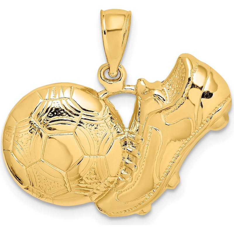 14K Yellow Gold Soccer Shoe Kicking Ball Pendant Charm - Textured Sports Jewelry by Oro Pregiato