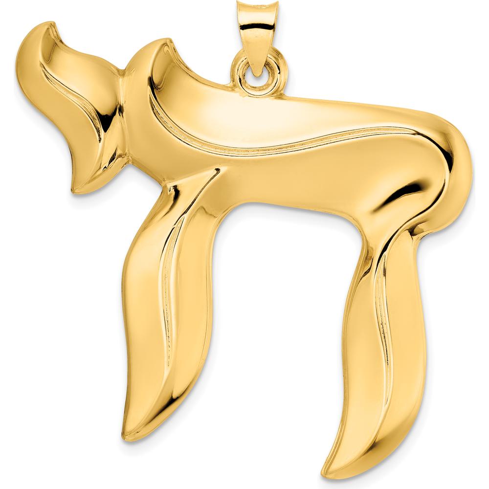 14K Yellow Gold Solid Chai Symbol Pendant - 45mm Length by Oro Pregiato