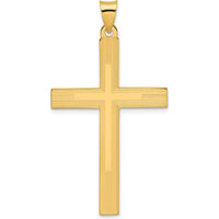 14K Yellow Gold Solid Cross Pendant with Polished and Striped Line Design - 47.27mm Length by Oro Pregiato