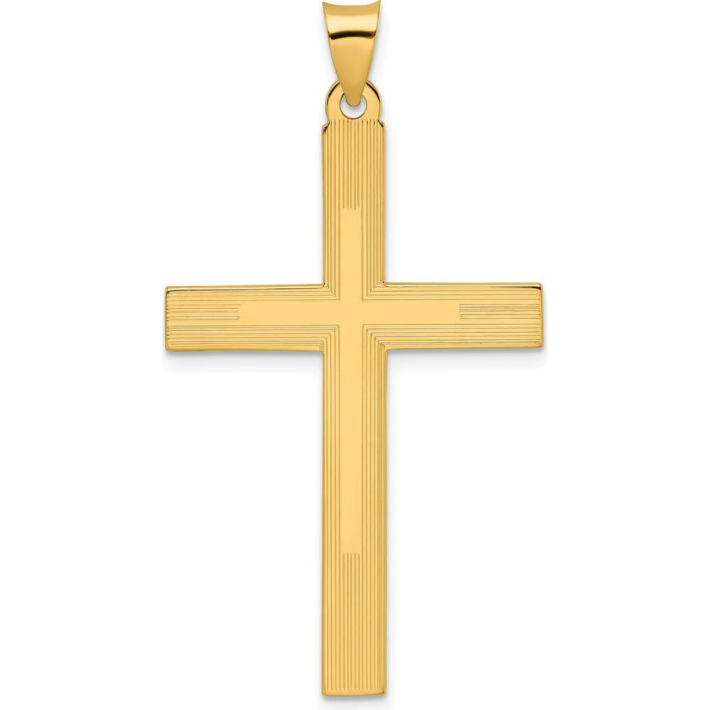 14K Yellow Gold Solid Cross Pendant with Polished and Striped Line Design - 47.27mm Length by Oro Pregiato