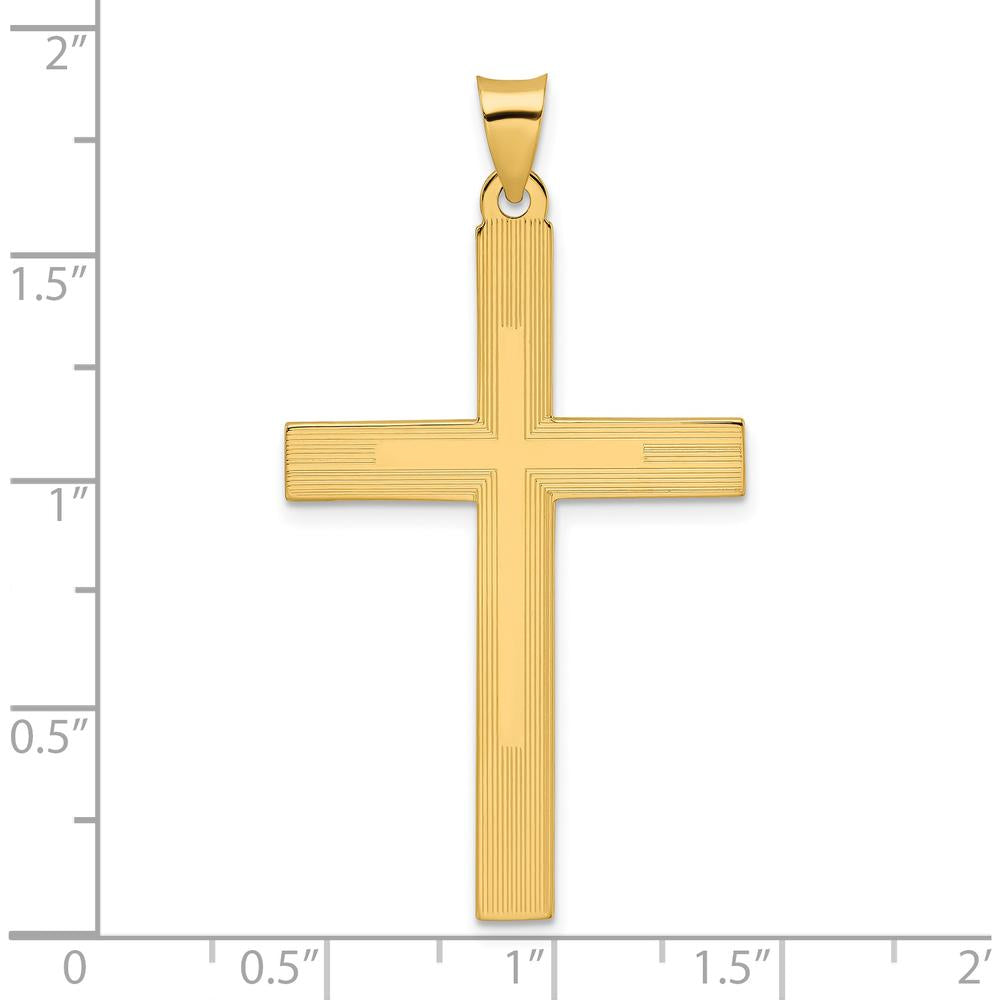 14K Yellow Gold Solid Cross Pendant with Polished and Striped Line Design - 47.27mm Length by Oro Pregiato