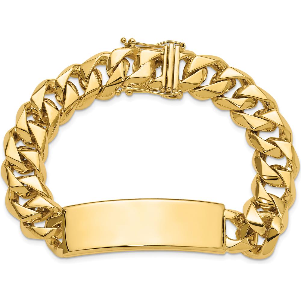 14K Yellow Gold Solid Curb Link ID Bracelet with Polished Finish and Engravable Plate - 8.5" Length by Oro Pregiato
