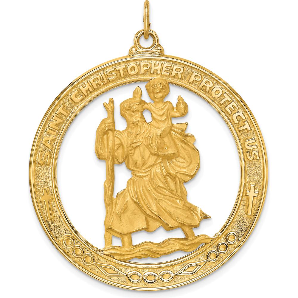 14K Yellow Gold Solid Extra Large Cut-out St. Christopher Medal Round Pendant - Polished and Satin Finish by Oro Pregiato