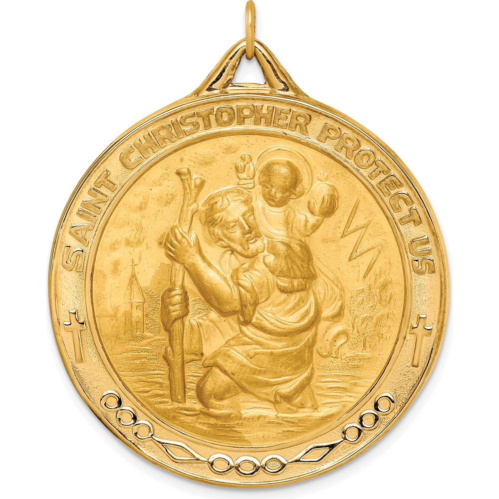 14K Yellow Gold Solid Extra Large St. Christopher Medal Pendant with Satin Finish - 45mm by Oro Pregiato