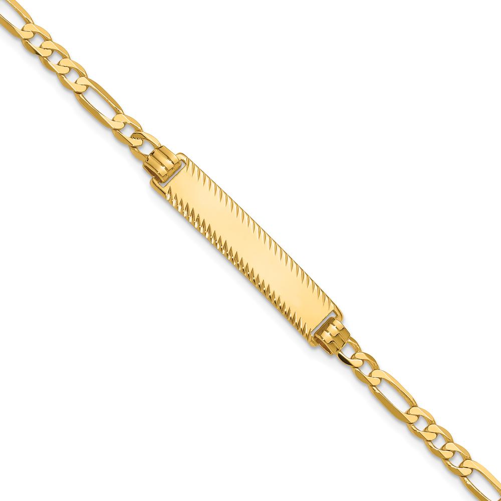 14K Yellow Gold Solid Figaro Link Bracelet with Diamond-Cut Plate - 7" Length by Oro Pregiato