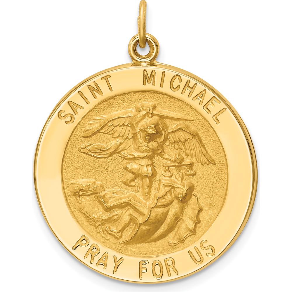 14K Yellow Gold Solid Large St. Michael Round Medal Pendant - Die-Struck Satin & Polished Finish by Oro Pregiato