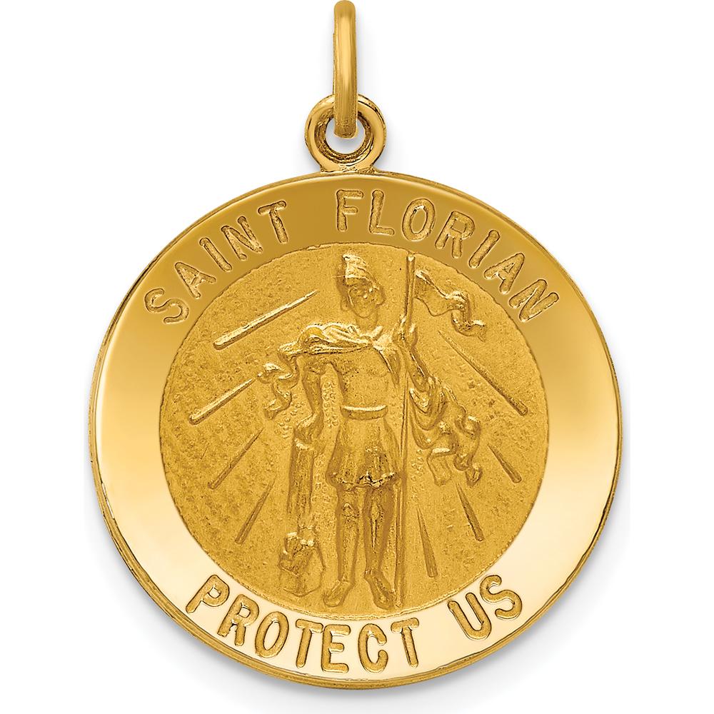14K Yellow Gold Solid Medium St. Florian Medal Pendant with Polished and Satin Finish - 23.5mm Length by Oro Pregiato