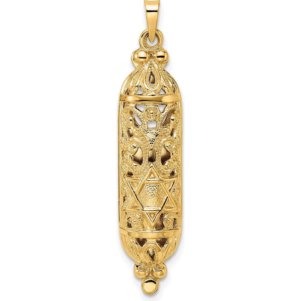 14K Yellow Gold Solid Mezuzah Pendant with Polished and Textured Design - 40mm Length by Oro Pregiato