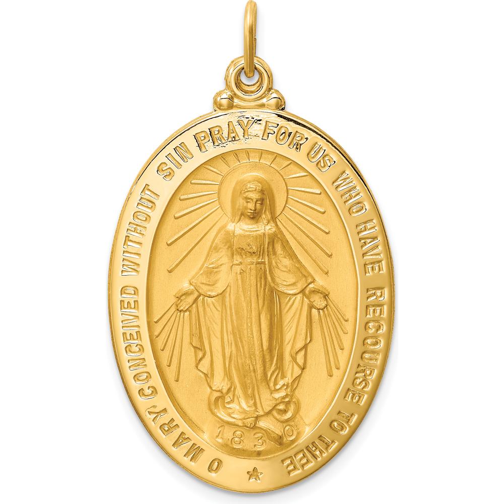 14K Yellow Gold Solid Miraculous Medal Oval Pendant - 41mm Length, Satin & Polished Finish by Oro Pregiato
