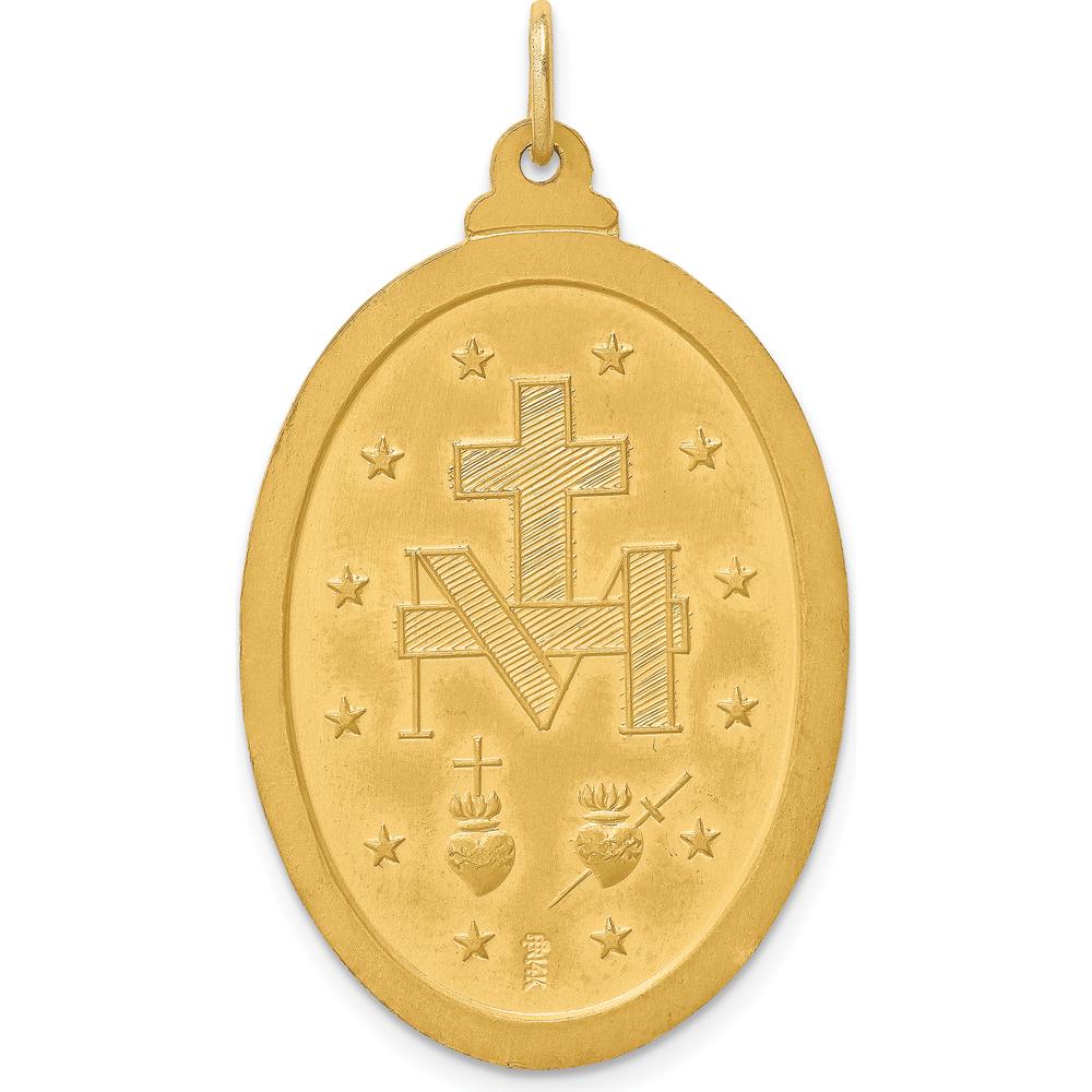 14K Yellow Gold Solid Miraculous Medal Oval Pendant - 41mm Length, Satin & Polished Finish by Oro Pregiato