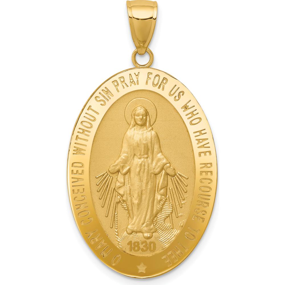 14K Yellow Gold Solid Miraculous Medal Oval Pendant - Polished and Satin Finish by 0