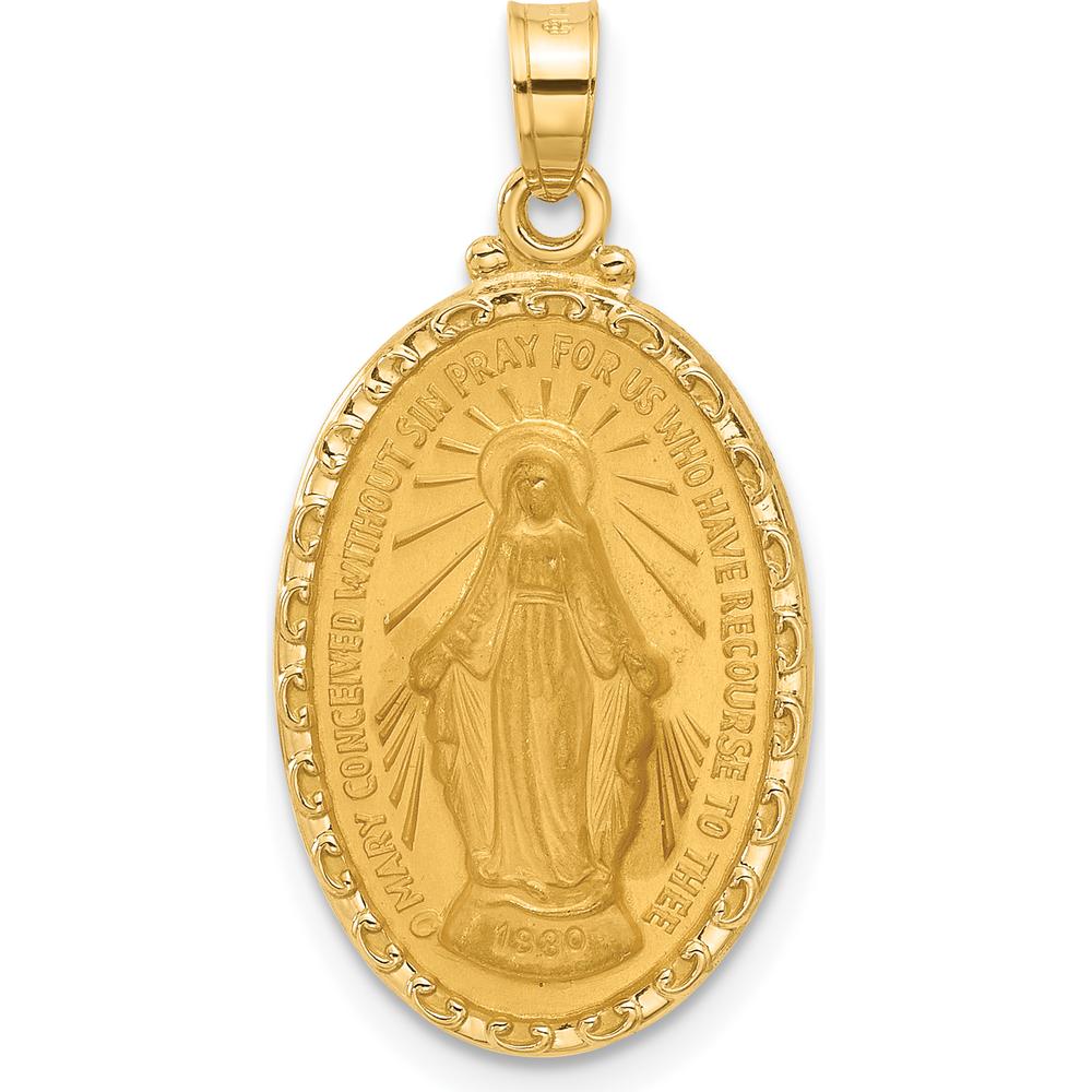 14K Yellow Gold Solid Miraculous Medal Pendant with Satin and Polished Finish - 27mm Length by Oro Pregiato