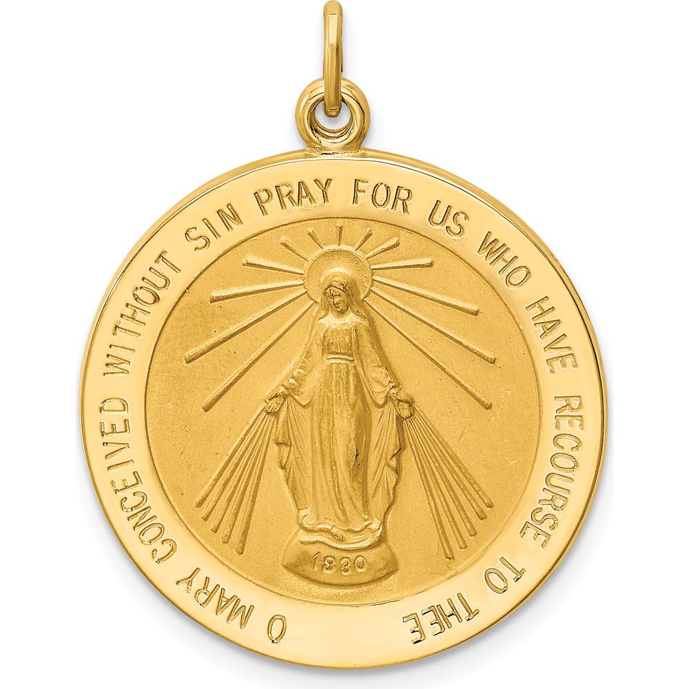 14K Yellow Gold Solid Miraculous Medal Round Pendant with Polished and Satin Finish - 30mm Length by Oro Pregiato