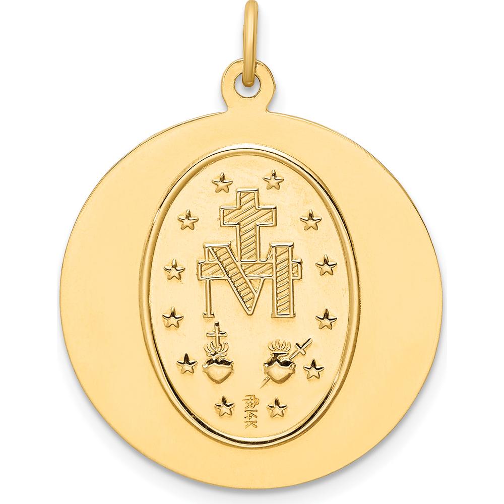 14K Yellow Gold Solid Miraculous Medal Round Pendant with Polished and Satin Finish - 30mm Length by Oro Pregiato