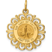 14K Yellow Gold Solid Our Lady of Fatima Medal with Satin and Polished Finish - 23.5mm Length by Oro Pregiato