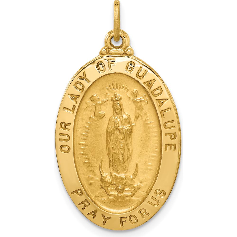 14K Yellow Gold Solid Our Lady of Guadalupe Medal Oval Pendant - Polished and Satin Finish 26mm x 16mm by Oro Pregiato