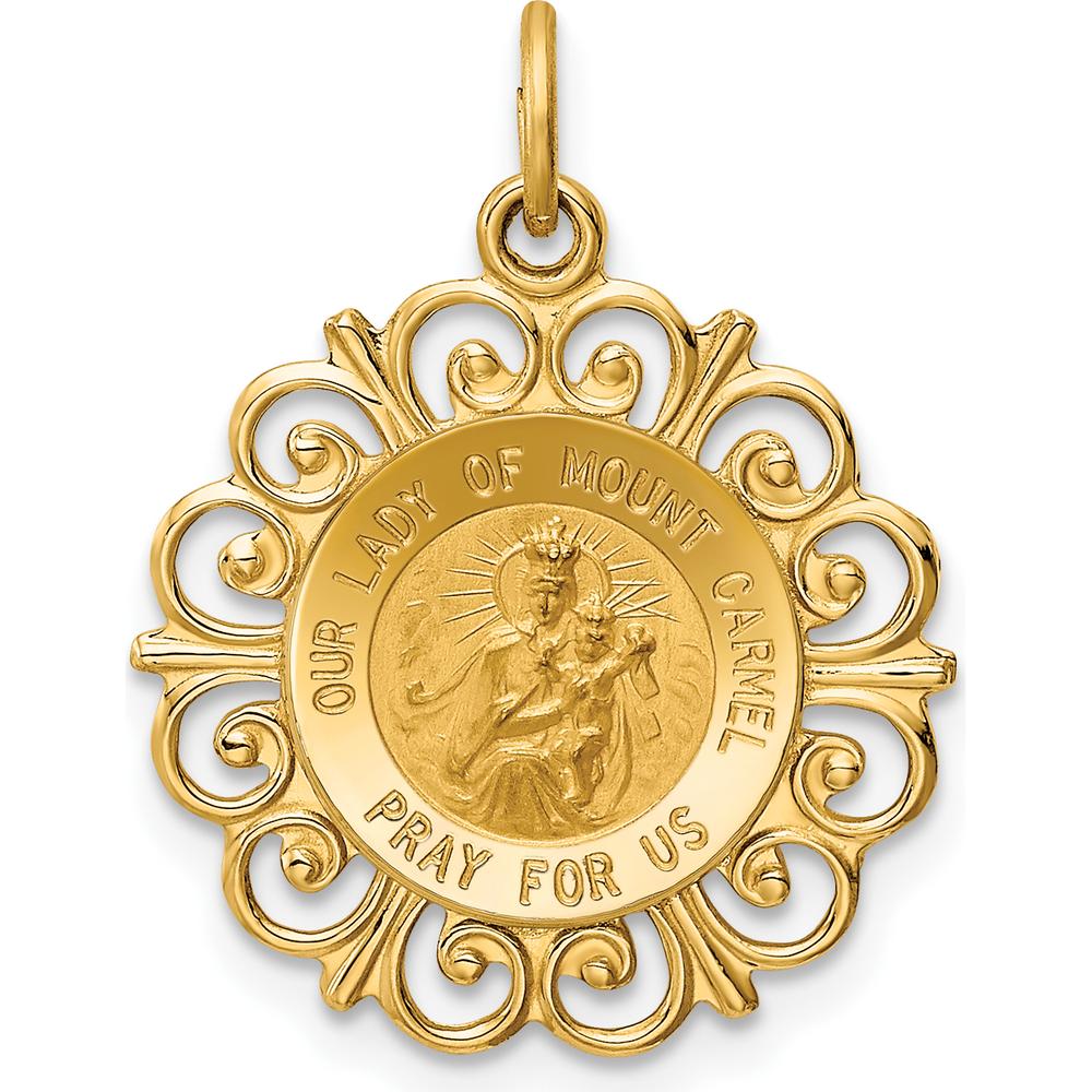 14K Yellow Gold Solid Our Lady of Mount Carmel Medal Charm with Polished and Satin Finish - 24mm Length by Oro Pregiato