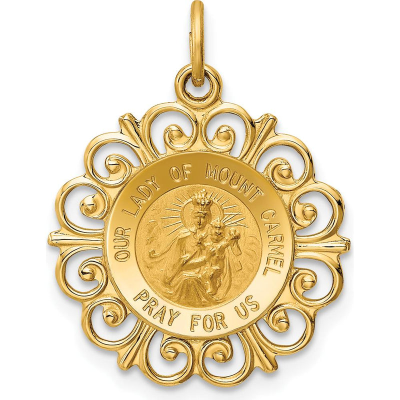 14K Yellow Gold Solid Our Lady of Mount Carmel Medal Charm with Polish ...