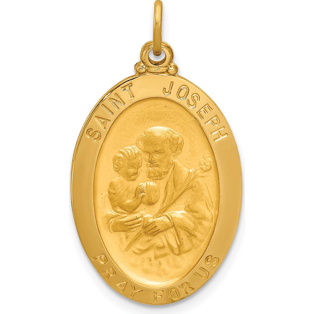 14K Yellow Gold Solid Oval St. Joseph Medal Pendant with Polished and Satin Finish by Oro Pregiato