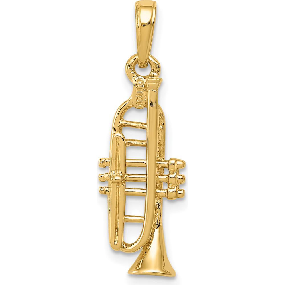 14K Yellow Gold Solid Polished 3D Trumpet Pendant - 27mm Length by Oro Pregiato