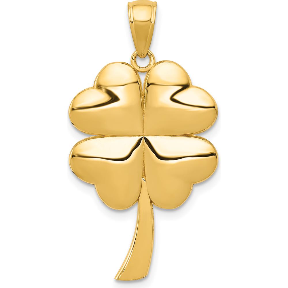 14K Yellow Gold Solid Polished 4-Leaf Clover Pendant - 30mm Length by Oro Pregiato