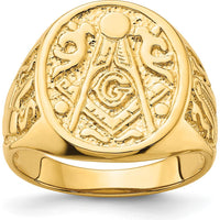 14K Yellow Gold Solid Polished and Grooved Masonic Ring with Textured Round Face by Monteluci Fine Jewelry