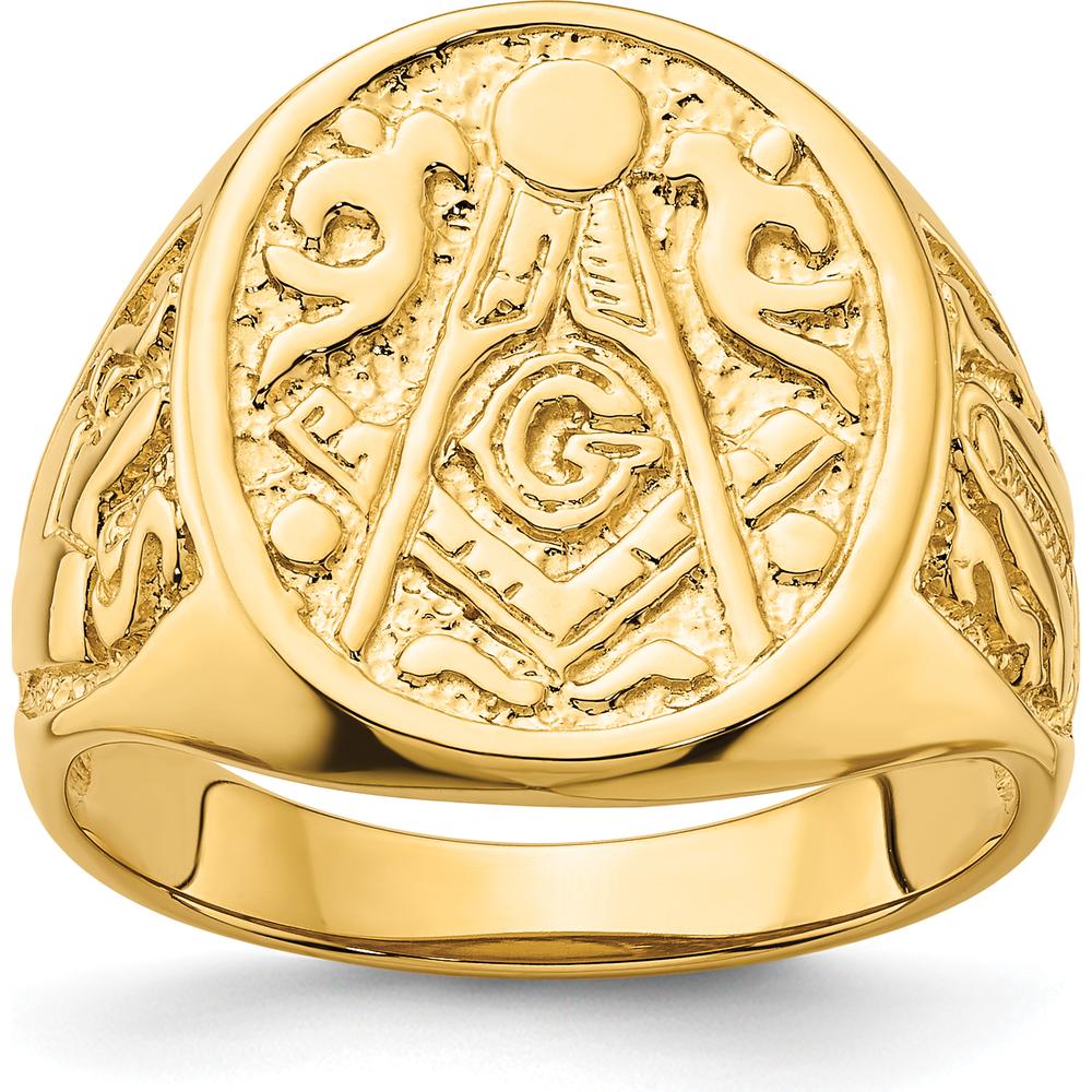 14K Yellow Gold Solid Polished and Grooved Masonic Ring with Textured Round Face by Monteluci Fine Jewelry