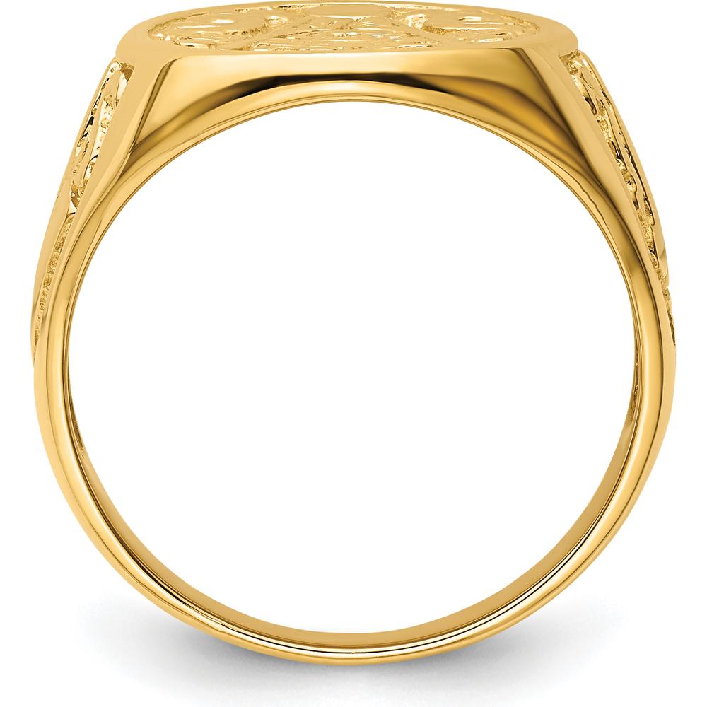 14K Yellow Gold Solid Polished and Grooved Masonic Ring with Textured Round Face by Monteluci Fine Jewelry