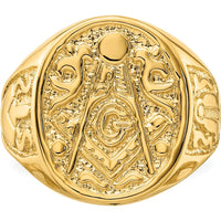14K Yellow Gold Solid Polished and Grooved Masonic Ring with Textured Round Face by Monteluci Fine Jewelry