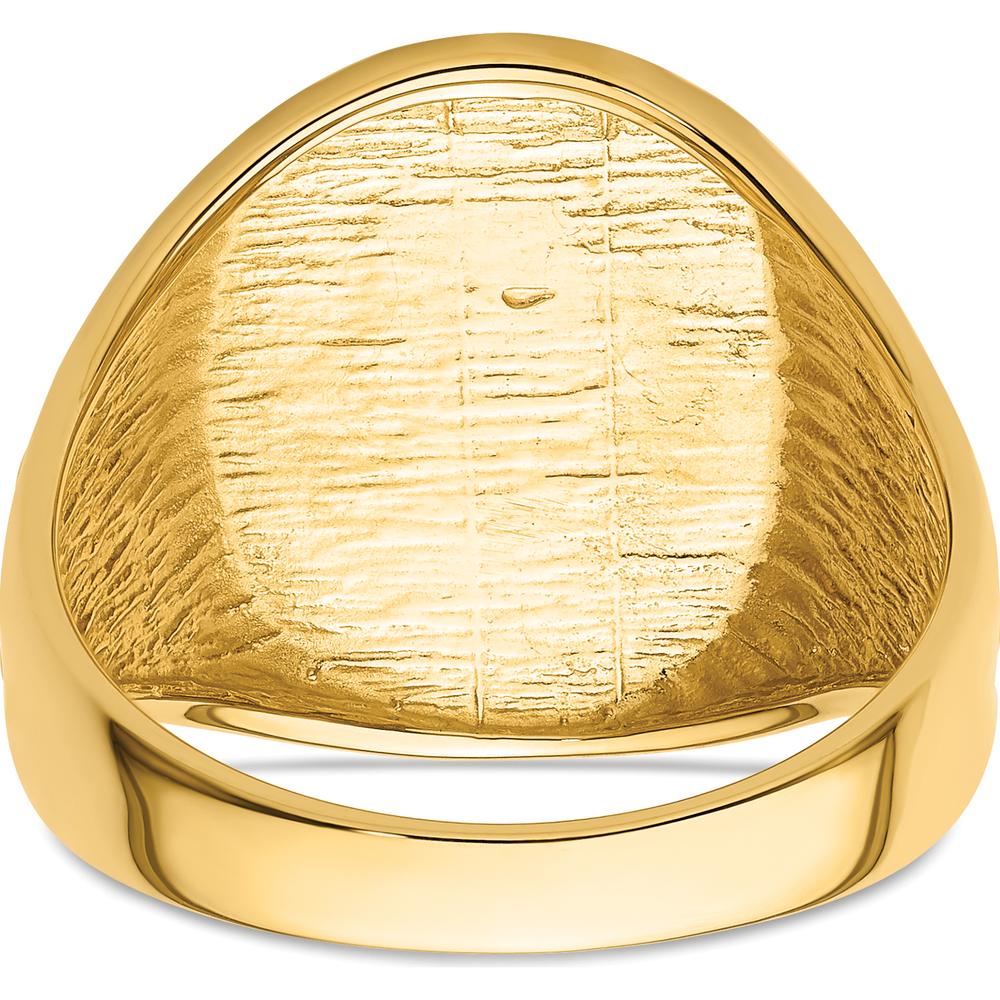 14K Yellow Gold Solid Polished and Grooved Masonic Ring with Textured Round Face by Monteluci Fine Jewelry