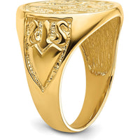14K Yellow Gold Solid Polished and Grooved Masonic Ring with Textured Round Face by Monteluci Fine Jewelry