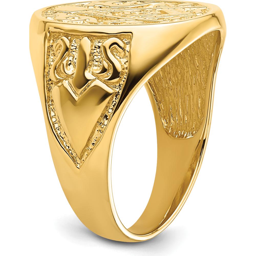 14K Yellow Gold Solid Polished and Grooved Masonic Ring with Textured Round Face by Monteluci Fine Jewelry
