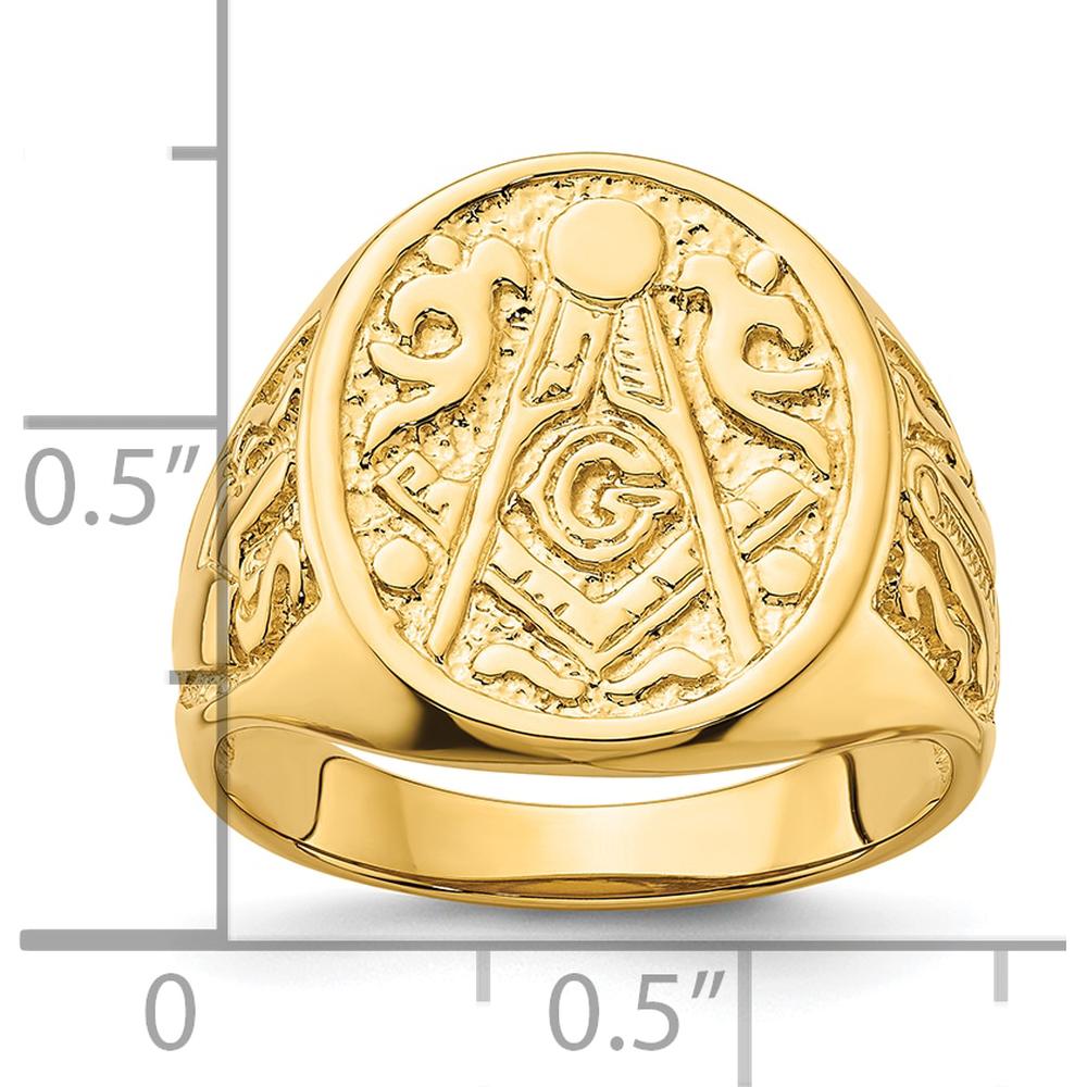 14K Yellow Gold Solid Polished and Grooved Masonic Ring with Textured Round Face by Monteluci Fine Jewelry