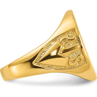 14K Yellow Gold Solid Polished and Grooved Masonic Ring with Textured Round Face by Monteluci Fine Jewelry