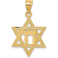 14K Yellow Gold Solid Polished Chai in Star of David Pendant - 30mm Length by Oro Pregiato