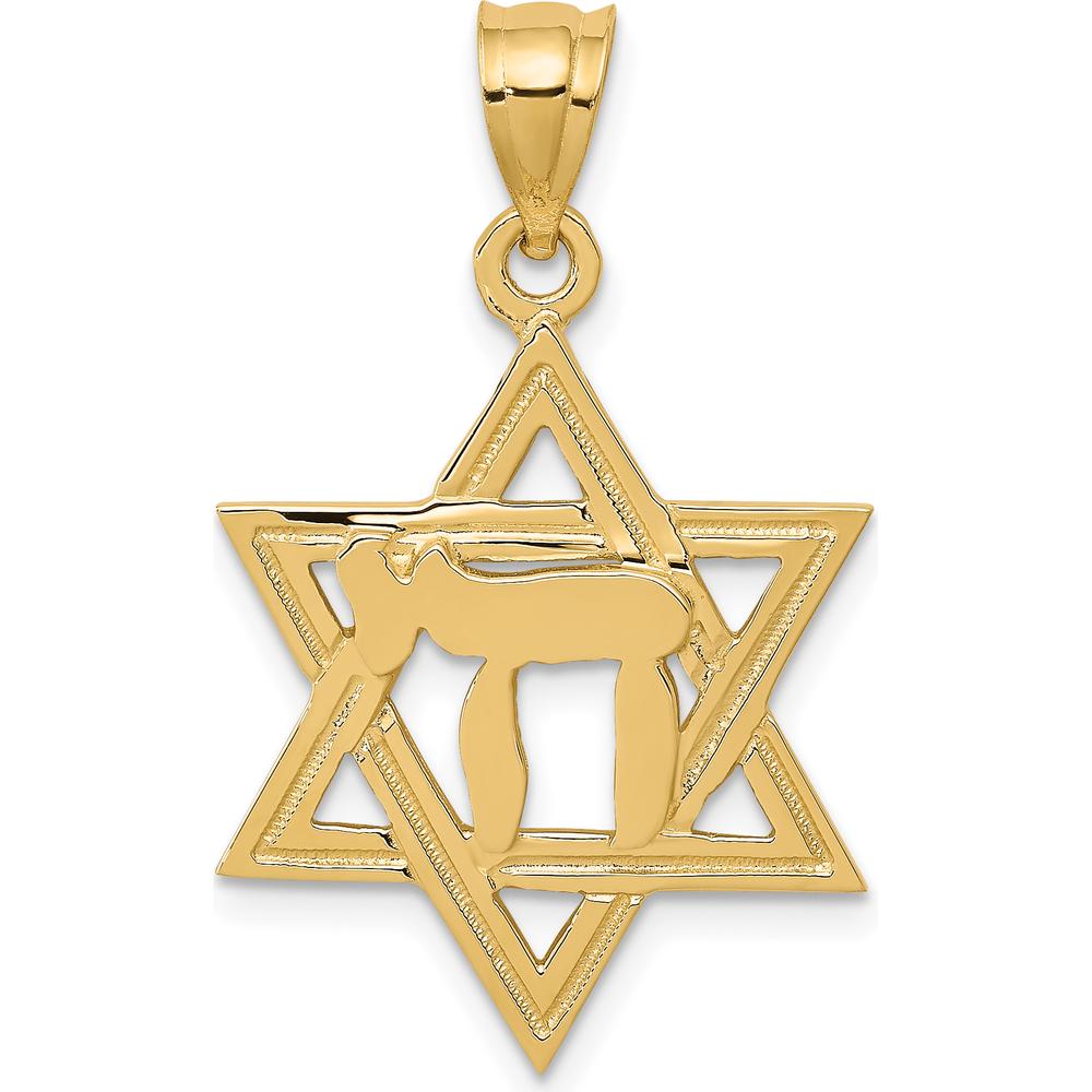 14K Yellow Gold Solid Polished Chai in Star of David Pendant - 30mm Length by Oro Pregiato