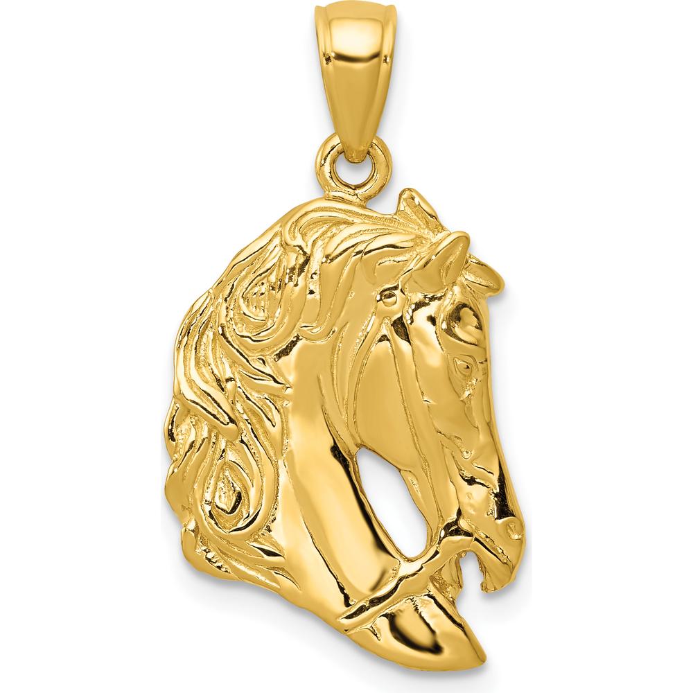 14K Yellow Gold Solid Polished Open-Backed Horse Head Pendant - Textured Design by Oro Pregiato